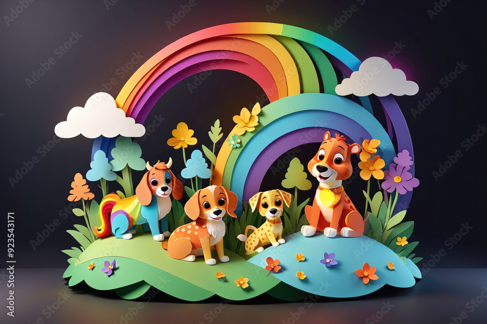 Fototapeta premium Colorful Paper Art Display Featuring Cute Cartoon Dogs and Rainbow in Spring