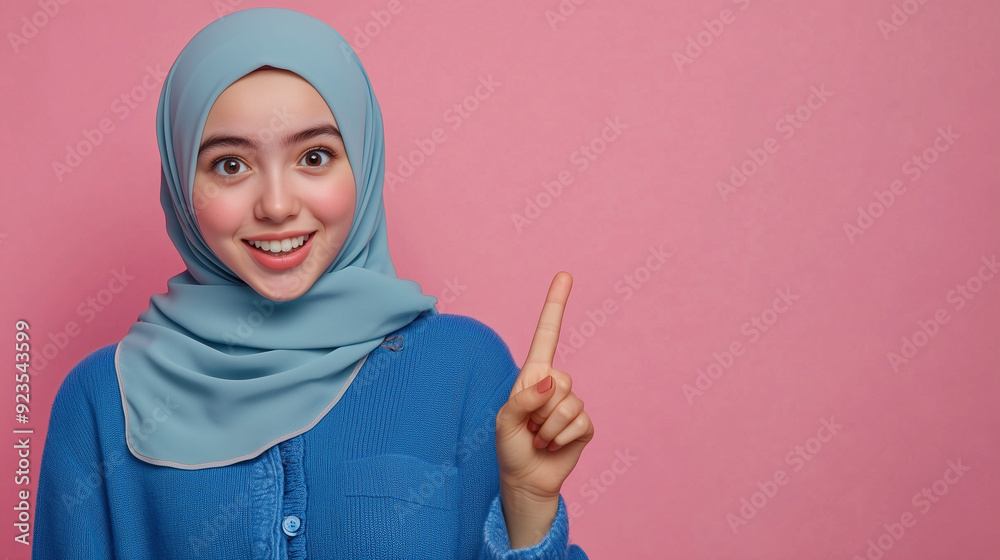 The image shows a young woman in a blue hijab and blue sweater, smiling and pointing upwards on a pink background The image shows a young woman in a blue hijab and blue sweater, smiling and pointing upwards on a pink background