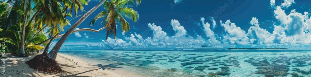 Fototapeta premium Ocean Beach Palm Tree. Panoramic View of Fakarava Atoll in French Polynesia
