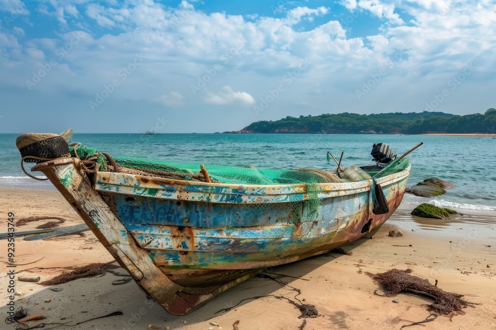 Old Boat on Gokarna Beach: Fishing Nets, Coastal Asia Sky, Tropical Day Old Boat on Gokarna Beach: Fishing Nets, Coastal Asia Sky, Tropical Day