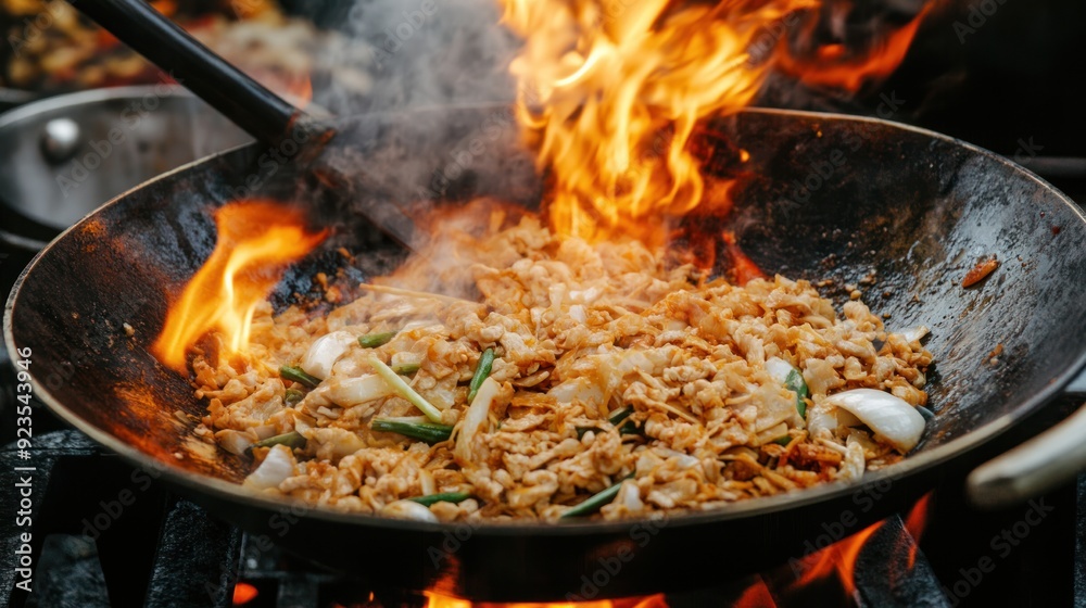 Stir-Fried Noodles in a Wok with Flames Stir-Fried Noodles in a Wok with Flames