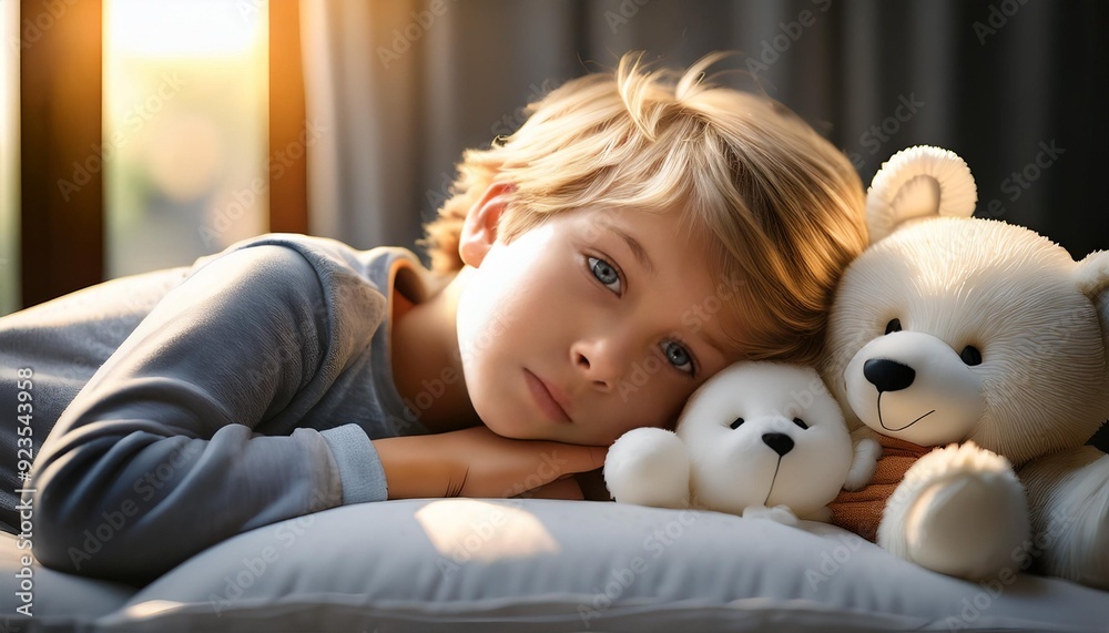 Sleepy Child with Stuffed Animals A young child with blonde hair rests their head on a pillow, their eyes closed in peaceful slumber. The soft glow of sunlight streaming through the window. Sleepy Child with Stuffed Animals A young child with blonde hair rests their head on a pillow, their eyes closed in peaceful slumber. The soft glow of sunlight streaming through the window.