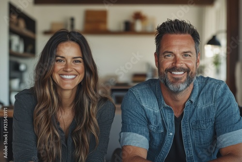 A couple in denim shirts sit together in a cozy, modern living room, smiling warmly at the camera, conveying a sense of happiness and togetherness in their home environment.