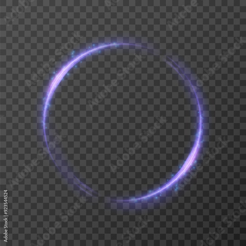 Glowing purple circle on transparent background. Glowing ring with bright backlight. Round purple glow frame with bright shine. Luxury element for advertising. Vector