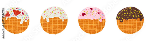 Stroopwafels set. Sweet dutch bakery and pastry desserts with chocolate, vanilla and raspberries topping. Vector isolated illustrations of holland waffles with caramel for menu designs, print, sticker