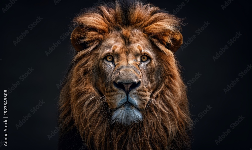 ront view of Lion king, Portrait on black background ront view of Lion king, Portrait on black background