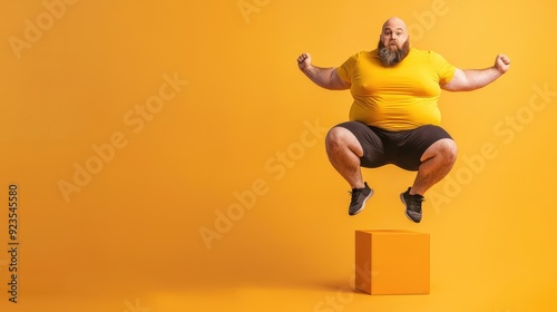 Empowering Plus-Size Man Achieving Explosive Strength with Box Jumps on Orange Background, Generative AI