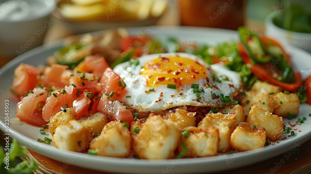 A colorful plate filled with a sunny-side-up egg, diced tomatoes, and crispy potatoes garnished with herbs A colorful plate filled with a sunny-side-up egg, diced tomatoes, and crispy potatoes garnished with herbs