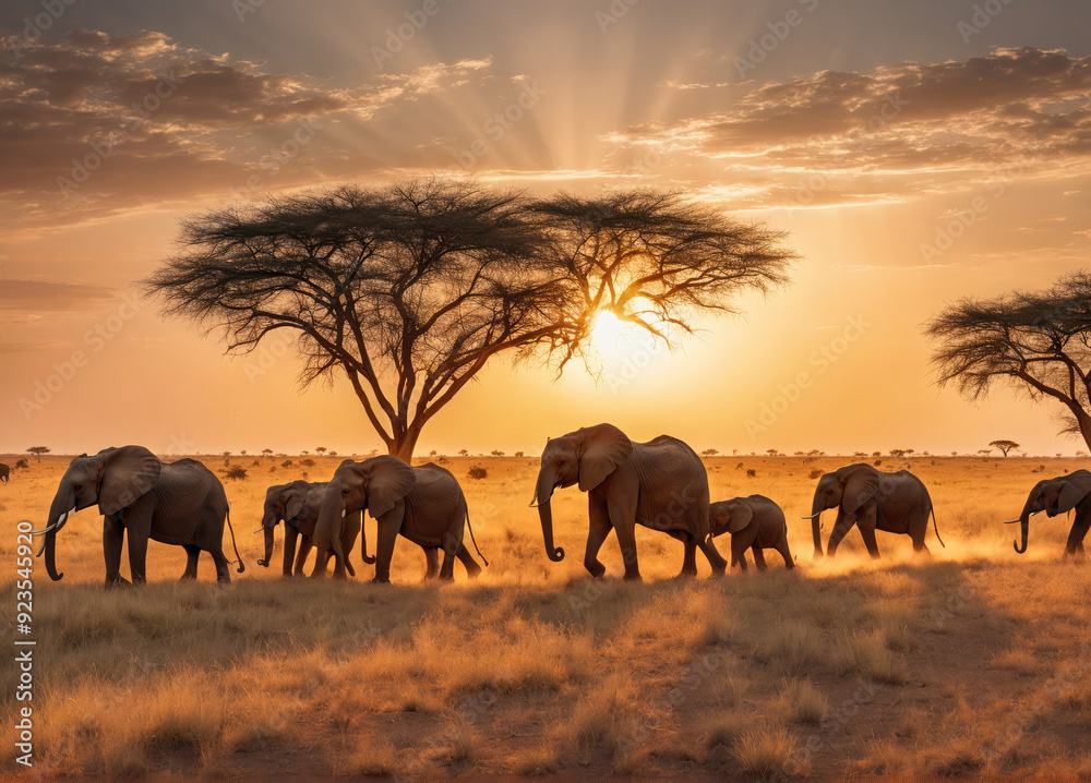Fototapeta premium Elephants Grazing in Golden Savannah at Sunset Under a Majestic Tree