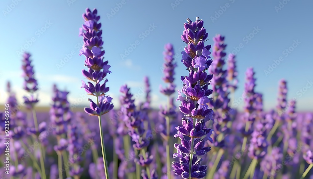 Naklejka premium A close-up of a blooming lavender field under a clear blue sky with one prominent lavender spike in focus showcasing its vibrant purple flowers