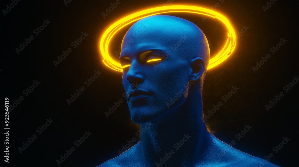 A blue humanoid figure with glowing eyes and a bright halo on a dark background A blue humanoid figure with glowing eyes and a bright halo on a dark background