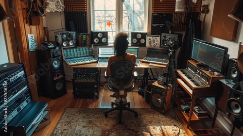 A person concentrates on music production in a professional studio filled with audio equipment