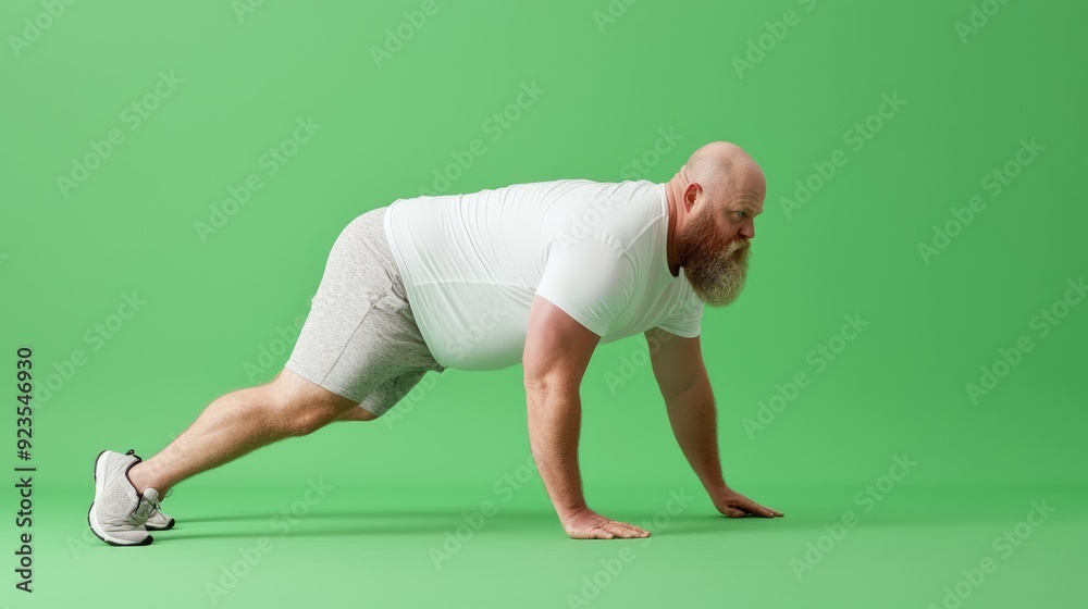 Strong Overweight Man Demonstrating Core Stability in Plank Exercise on Green Background with Copy Space Above for Fitness Concept., Generative AI Strong Overweight Man Demonstrating Core Stability in Plank Exercise on Green Background with Copy Space Above for Fitness Concept., Generative AI