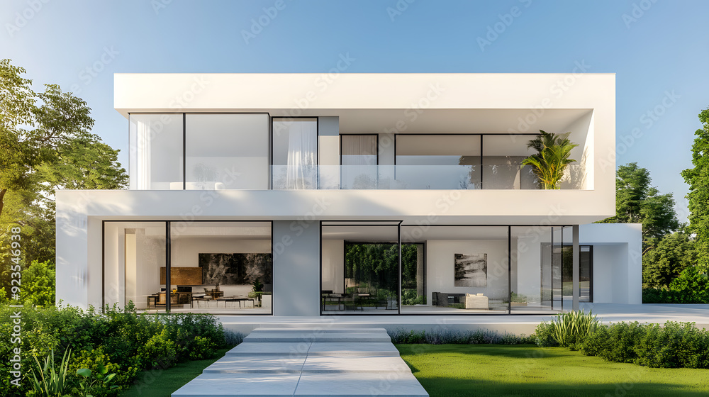 Beautiful modern house with large windows. Minimalist architecture with clean lines and a contemporary design Beautiful modern house with large windows. Minimalist architecture with clean lines and a contemporary design