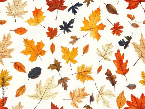 Scattered maple and oak leaves in a cozy hand drawn seamless pattern design Warm natural and artisanal autumn foliage background perfect for print textile and digital applications