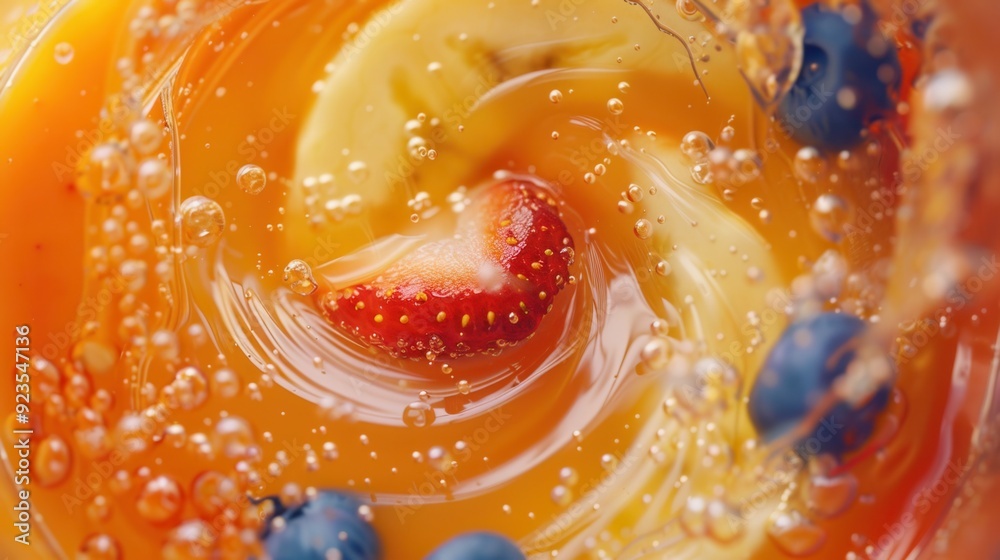 Swirl of fresh fruit juice splash with variety of fruits macro closeup view Swirl of fresh fruit juice splash with variety of fruits macro closeup view
