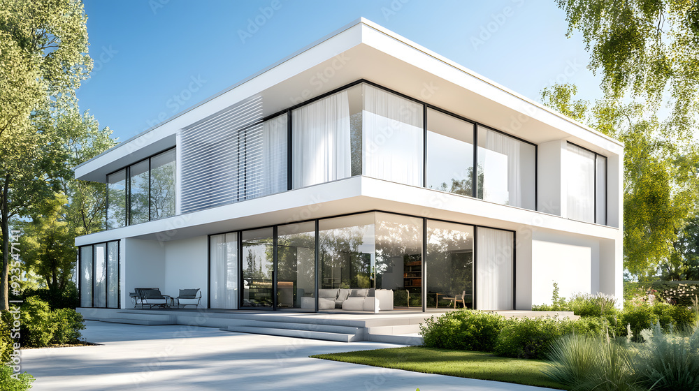 Beautiful modern house with large windows. Minimalist architecture with clean lines and a contemporary design Beautiful modern house with large windows. Minimalist architecture with clean lines and a contemporary design