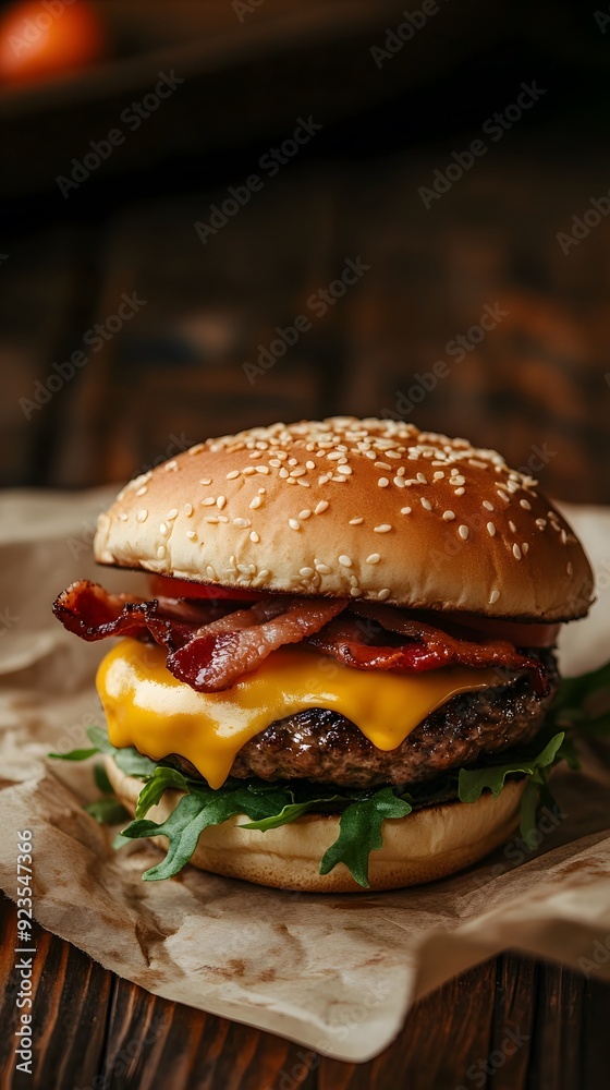 Beef burger with cheese and bacon on a wooden table, with space for a text banner Beef burger with cheese and bacon on a wooden table, with space for a text banner