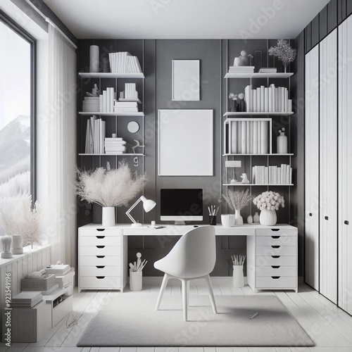 3d rendered study room illustration with realistic style among setup study chair and study table. suitable for building image and architecture interior.