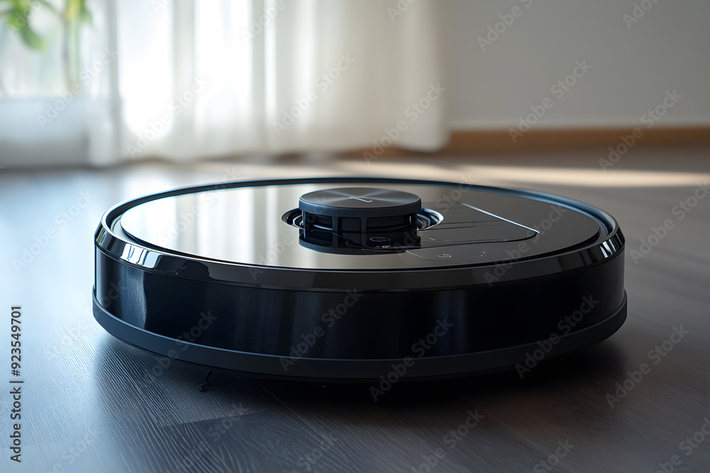 Robotic vacuum cleaner on the floor in cozy modern living room Robotic vacuum cleaner on the floor in cozy modern living room