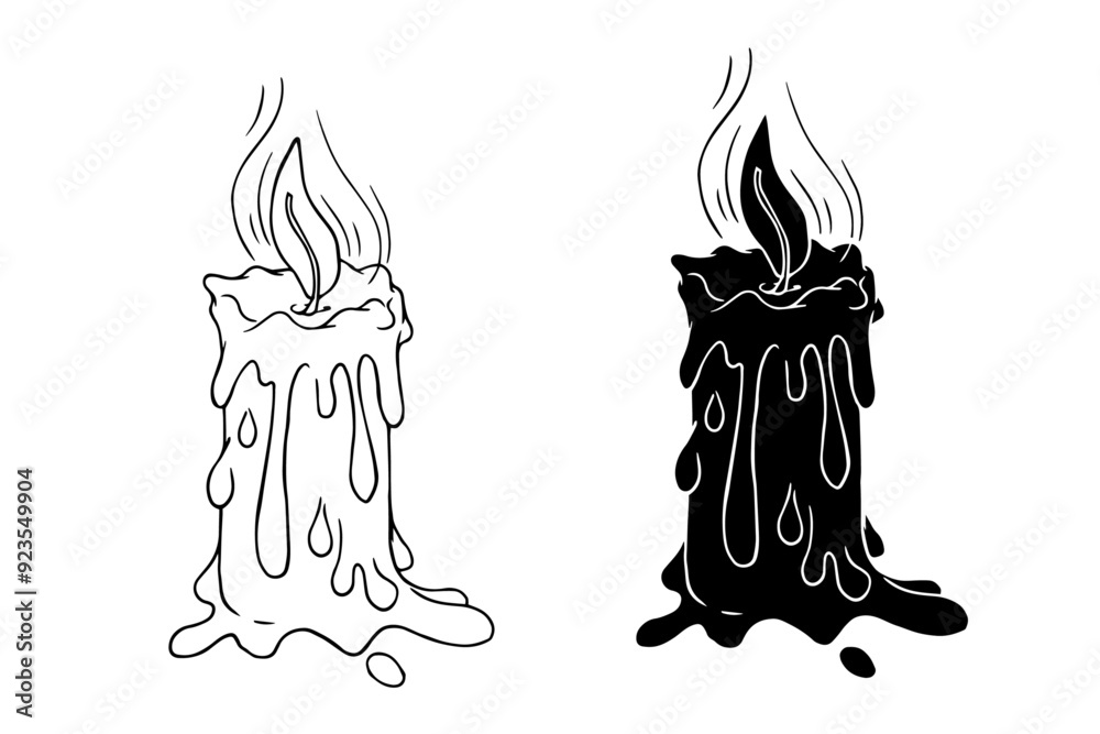 Line sketch, silhouette of a burning wax candle. Vector graphics.