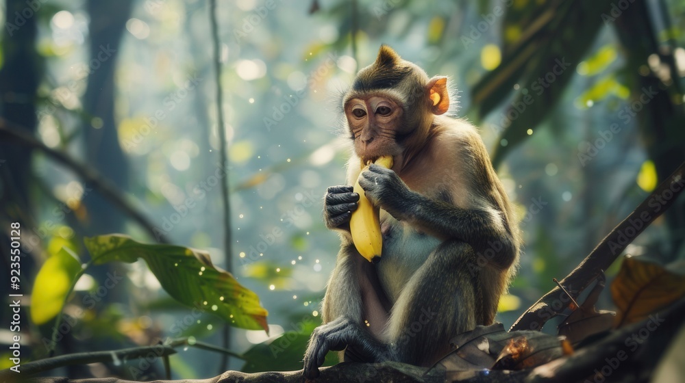 Fototapeta premium Cute monkey eating banana fruit in forest