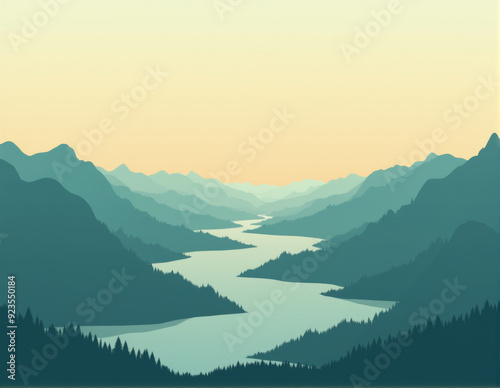 Minimalist vector landscape of a river winding through misty mountain ranges at dawn