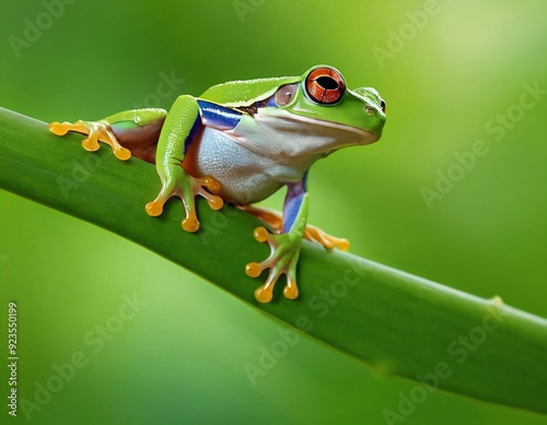 Flying frog sitting on body, beautiful tree frog on branch, rachophorus reinwardtii, Javan tree frog. Ai generated image.