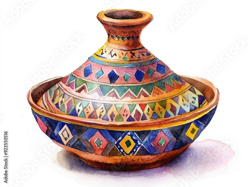 Colorful Moroccan style tagine pot in traditional watercolor Isolated on a clean white background showcasing the decorative ethnic design of this iconic Moroccan cookware item