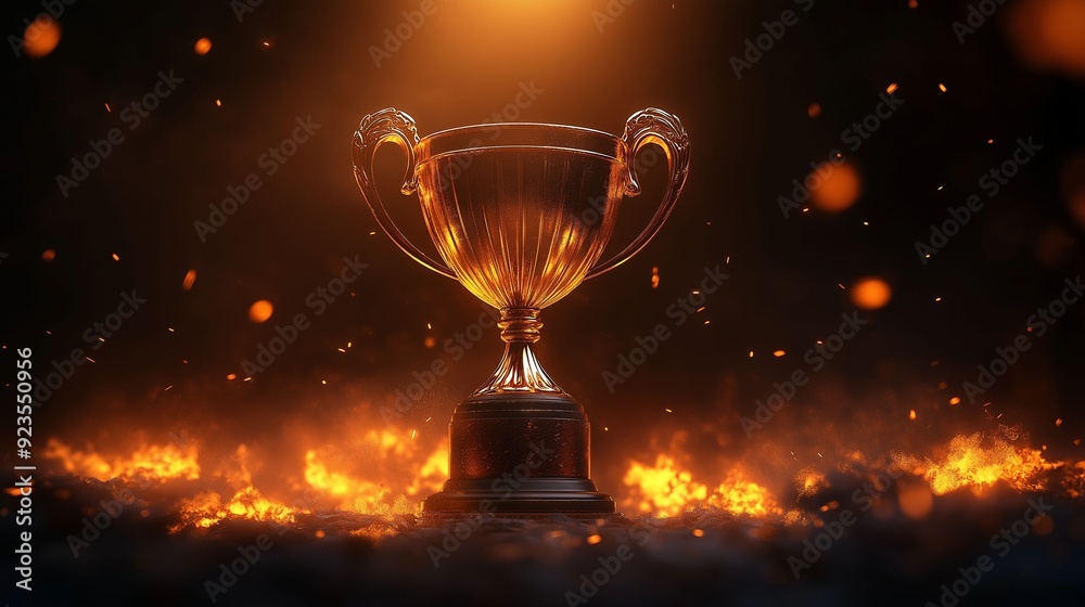 Image of a golden trophy surrounded by glowing sparks and fiery particles. Image of a golden trophy surrounded by glowing sparks and fiery particles.