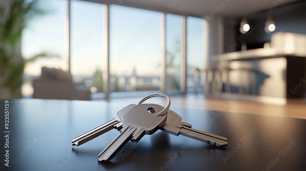 A set of metal keys placed on a sleek table surface inside a contemporary home with large windows and soft lighting. A set of metal keys placed on a sleek table surface inside a contemporary home with large windows and soft lighting.
