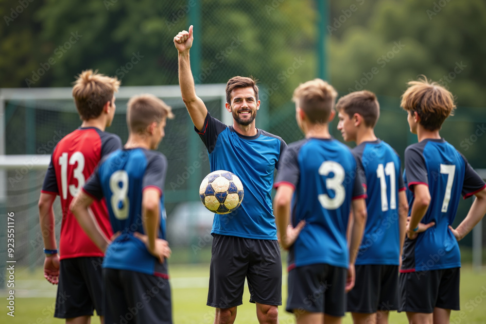 Fototapeta premium photo of coach instructor trainer teaching teenage player at soccer field, generative AI