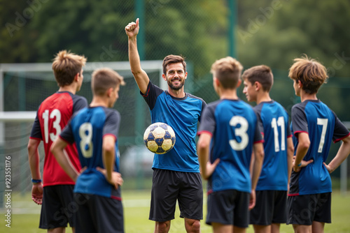 photo of coach instructor trainer teaching teenage player at soccer field, generative AI