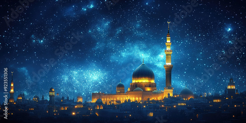 Beautiful mosque illuminated at night with a starry sky in the background, celebrating the birth of the prophet Muhammad. This design is perfect for mawlid al nabi celebrations. Banner. Copy space photo