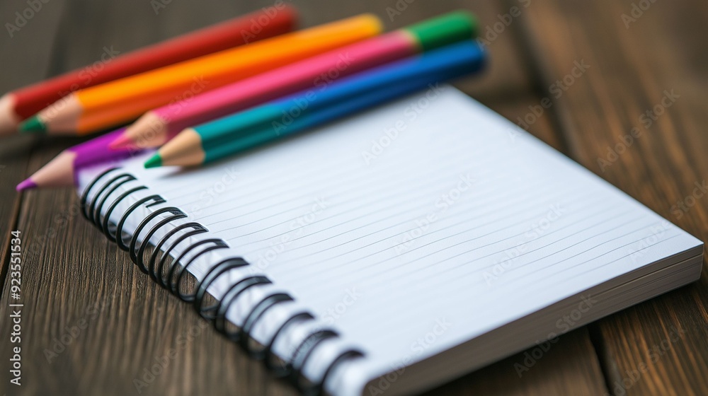 Close-up of colorful pencils placed on a notebook. Close-up of colorful pencils placed on a notebook.