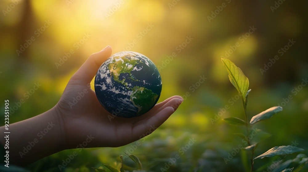 Hand Gently Touching Globe with Green Nature Background Hand Gently Touching Globe with Green Nature Background