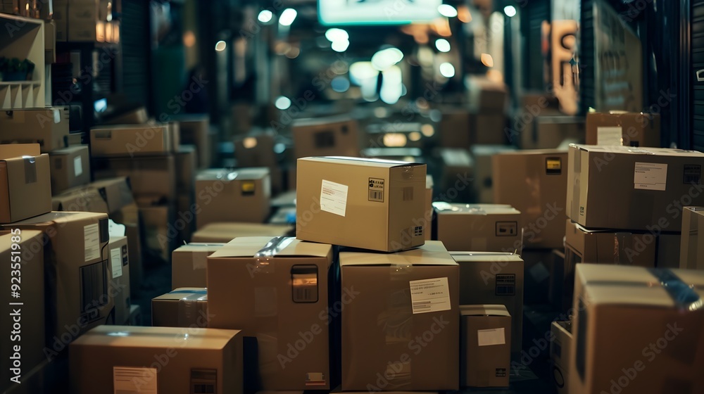 Towering Piles of Cardboard Packages Signify the Surge of Online Shopping on Black Friday Towering Piles of Cardboard Packages Signify the Surge of Online Shopping on Black Friday