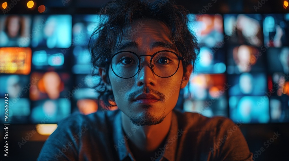 A young man with glasses gazes intently, illuminated by the glow of multiple screens displaying various faces and emotions in the background A young man with glasses gazes intently, illuminated by the glow of multiple screens displaying various faces and emotions in the background