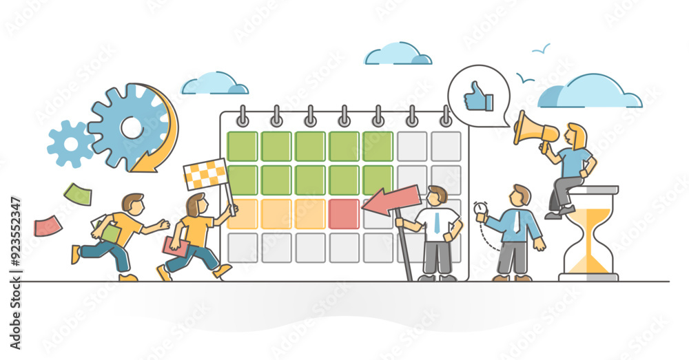 Deadline time pressure hurry as tight project finish due date outline concept, transparent background. Plan target reaching with urgency growth illustration.
