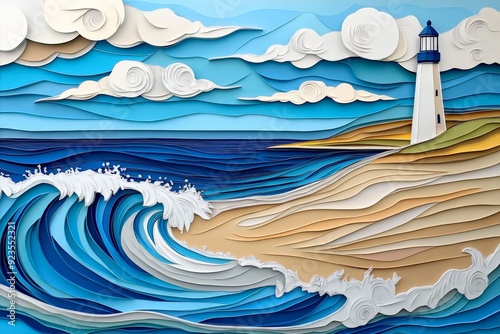 Beautiful paper art of a seaside view with a lighthouse, ocean waves, sandy shore, and a vibrant sky showcasing intricate details.