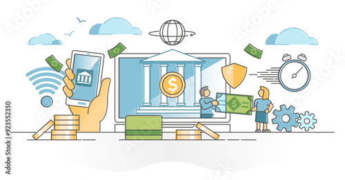 E-banking distant bank services experience finance control outline concept, transparent background. Transactions, withdraw and payment in online app illustration.
