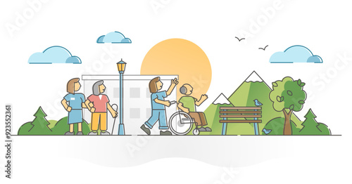 Elderly care home for retirement with medical assistance outline concept, transparent background. Nursing seniors in rehabilitation center with wheelchair outdoors walking illustration.