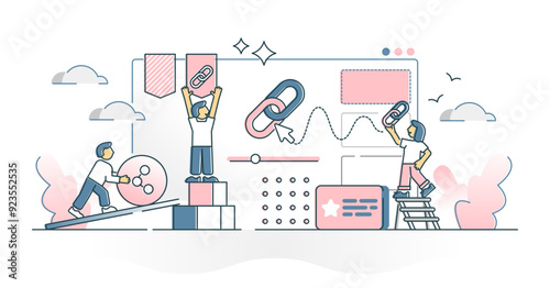Link building as connect or share website content information outline concept, transparent background. Embed home page info and obtain data with backlink technology illustration.
