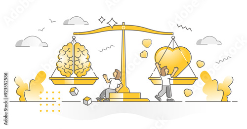 Mind and heart balance as personal life harmony monocolor outline concept, transparent background.Inner feelings and emotional happiness with mental health illustration.
