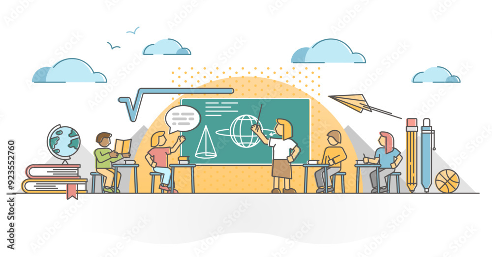 Naklejka premium School class lesson with pupil, kids and teacher learning outline concept, transparent background. Education and knowledge symbolic scene with math.