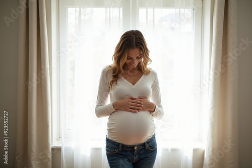 photo of pregnant woman relaxing standing both hands touching her belly at her house, generative AI Free Download photo of pregnant woman relaxing standing both hands touching her belly at her house, generative AI - GFXLoad