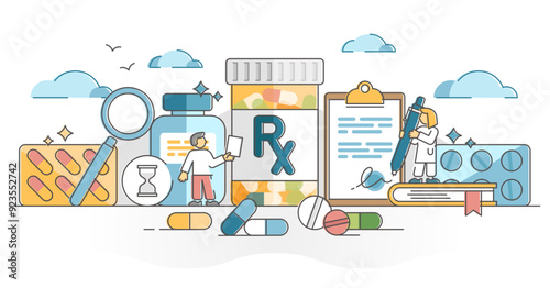 RX as medication pills prescription for treatment from doctor outline concept, transparent background. Drugs, capsule or antibiotic as painkiller cure or medicine dose for disease illustration.