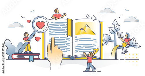 Self help books as educational personal growth literature outline concept, transparent background. Learning, motivation and horizon development with reading.