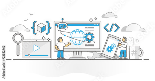 Web development coding, programming and designing monocolor outline concept, transparent background. Website building process with IT developer and businessman illustration.