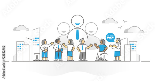 Workforce labor as employee worker team in office monocolor outline concept, transparent background. Happy managers meeting and recruitment collaboration in daily workplace scene illustration.